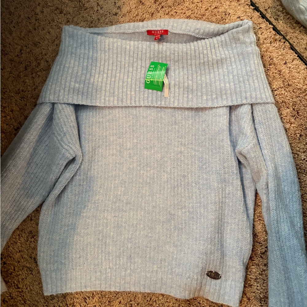 Guess Sky Blue Off-Shoulder Sweater